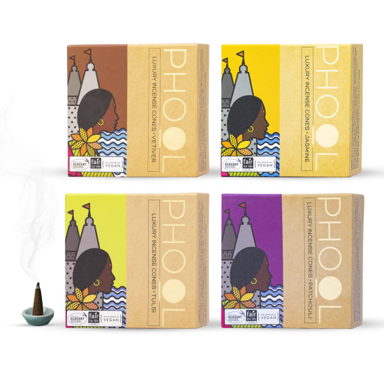 PHOOL LUXURY INCENSE Natural Incense Cones (Bundle Pack Of 4) I Special Pack Classic Fragrances - Jasmine, Patchouli, Tulsi, Vetiver I 100% Organic Dhoop Cones I Charcoal & Chemical Free