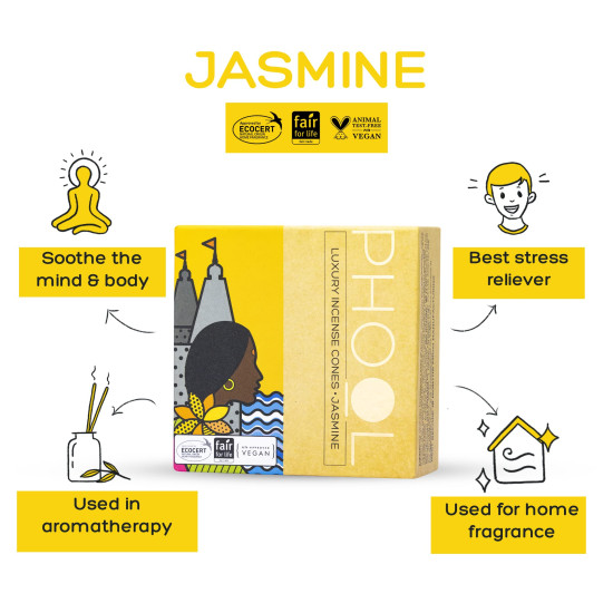 PHOOL LUXURY INCENSE Natural Incense Cones (Bundle Pack Of 4) I Special Pack Classic Fragrances - Jasmine, Patchouli, Tulsi, Vetiver I 100% Organic Dhoop Cones I Charcoal & Chemical Free