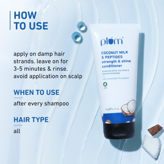 Plum Coconut Milk & Peptides Conditioner for Dull & Rough Hair | 175gm | Provides Soft, Smooth & Silky Hair I Enhances Shine, nourishes & prevents breakage | Women & Men I