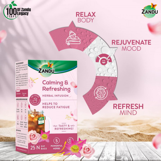 Zandu Calming & Refreshing Herbal Infusion: 1st Ayurvedic Iced Herbal Tea With Taste & Health Benefits | Reduces Fatigue, Improves Skin Health & Promotes Digestion (25 Tea bags)