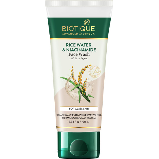 Biotique Rice Water & Niacinamide Gel Face Wash Removes Excess Oils & Reduce Blemishes of the Skin | Glass Skin | For Men & Women - 100ml