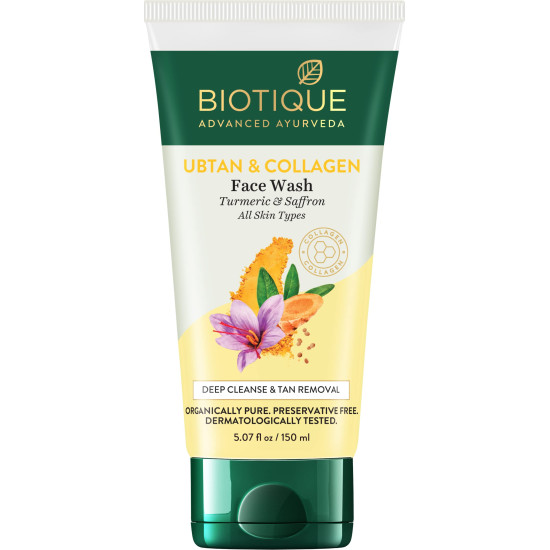 Biotique Ubtan & Collagen Face Wash for Tan Removal & Enhancing Skin Complexion - Gentle Exfoliation, Dead Skin Cell Removal| For Men & Women - 150ml