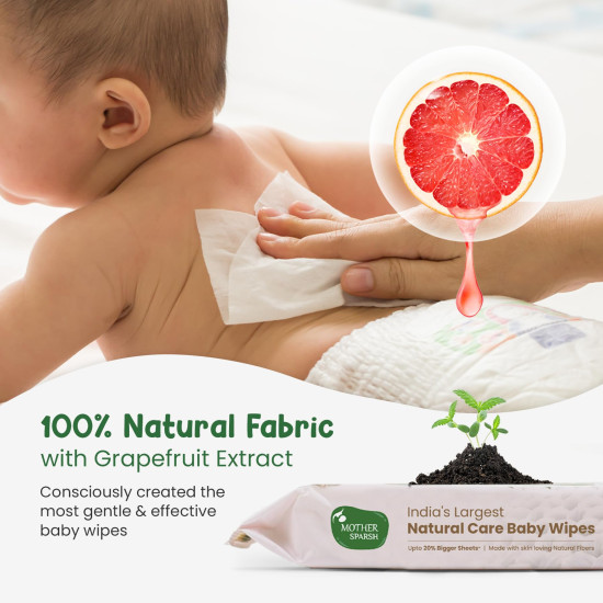 Mother Sparsh Natural Care Baby Wipes I 100% Plant Made Fabric From Forest Land, Gentle + Cleanse (with Grapefruit) Wet Wipes For Baby I Cotton Cloth Like Bigger Sheets | 60 Pcs