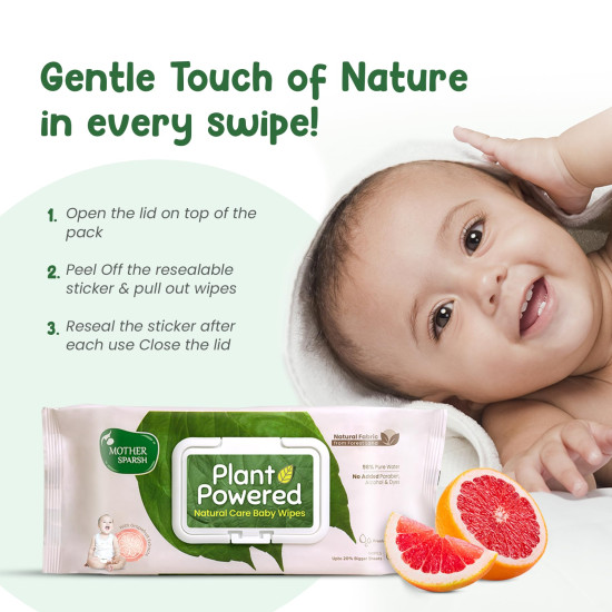 Mother Sparsh Natural Care Baby Wipes I 100% Plant Made Fabric From Forest Land, Gentle + Cleanse (with Grapefruit) Wet Wipes For Baby I Cotton Cloth Like Bigger Sheets | 60 Pcs