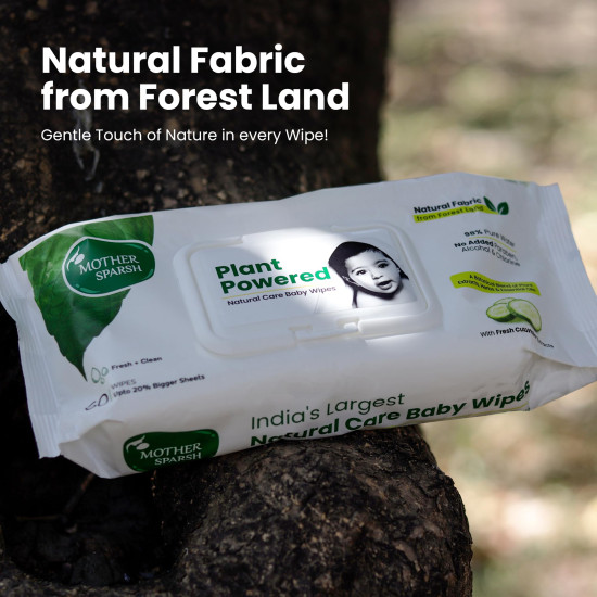 Mother Sparsh Natural Care Baby Wipes I 100% Plant Made Fabric From Forest Land | Fresh+Cleanse (with Cucumber) Plant Powered Wet Wipes For Baby I Cotton Cloth Like Bigger Sheets | 60 Pcs (Pack of 2)