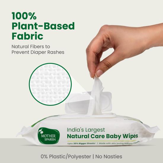 Mother Sparsh Natural Care Baby Wipes I 100% Plant Made Fabric From Forest Land | Fresh+Cleanse (with Cucumber) Plant Powered Wet Wipes For Baby I Cotton Cloth Like Bigger Sheets | 60 Pcs (Pack of 2)