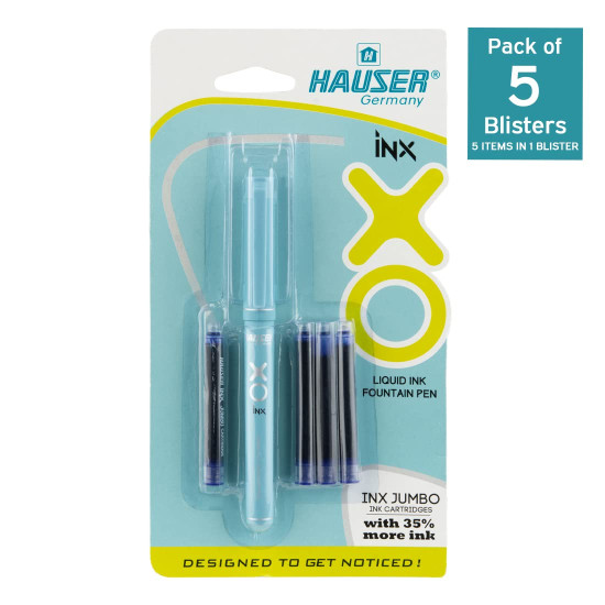 Hauser Germany Inx Xo Liquid Ink Fountain Pen | Smooth Round Nib With Iridium Tip | With 4 Pieces X-Large Jumbo Cartridges | Unique Liquid Ink Sysyem | Blue Ink, Pack Of 5