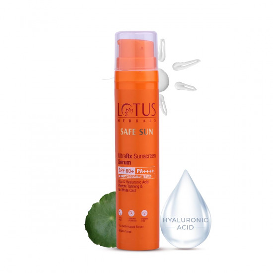 Lotus Herbals UltraRx Sunscreen Serum SPF 60+ PA++++ | No White Cast | No Breakouts | Cica & Hyaluronic | Dermatologically Tested | 50ml