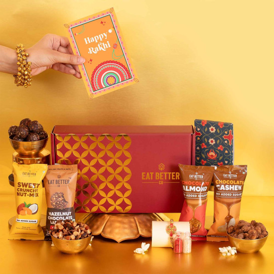 Anmol Rakhi Gift Hamper - 7 Items Combo Pack - Chocolate Coated Almonds & Cashews - Four packets of Dry Fruits with Roli, Chawal & Rakhi | Raksha Bandhan Box for Brother - Rakhi with Gift Set