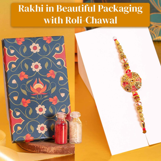 Anmol Rakhi Gift Hamper - 7 Items Combo Pack - Chocolate Coated Almonds & Cashews - Four packets of Dry Fruits with Roli, Chawal & Rakhi | Raksha Bandhan Box for Brother - Rakhi with Gift Set