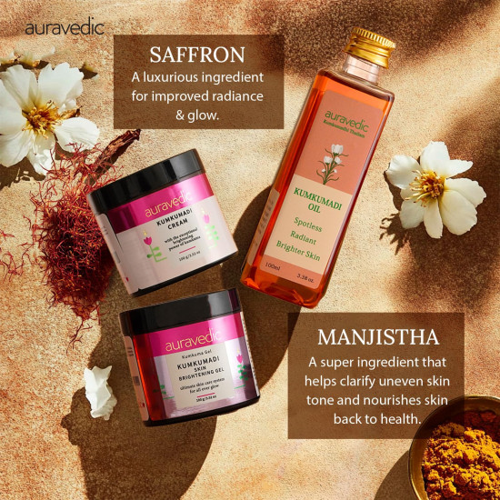 Auravedic Kumkumadi tailam,Gel and Kumkumadi face cream 100 ml 100g 100 g pack of 3 face oil for glowing skin