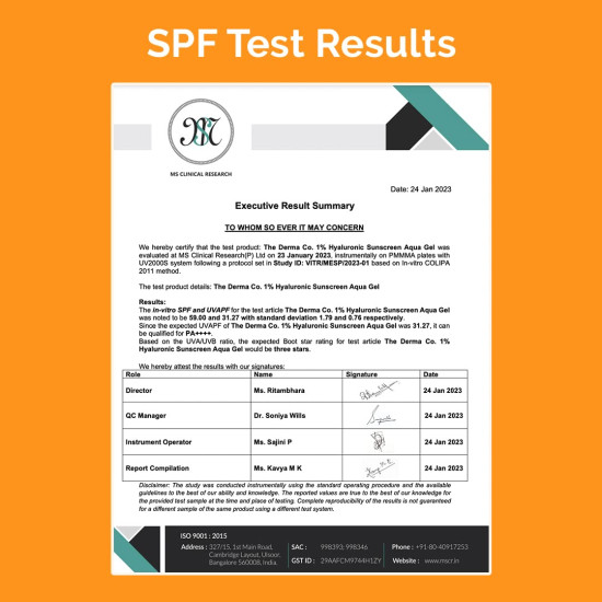 The Derma Co 1% Hyaluronic Sunscreen SPF 50 Aqua Gel, PA++++, Lightweight, No white-cast for Broad Spectrum & Blue Light Protection for Oily, Dry, Acne-prone Skin - 30g