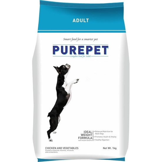 Purepet Adult Dry Dog Food 1kg | Chicken & Vegetable Flavour | Hairball Protection | Heart Care with Taurine | Skin Health