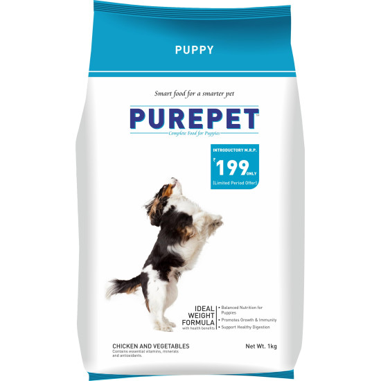 Purepet Puppy Dry Dog Food 1kg | Chicken & Vegetable Flavour | Hairball Protection | Heart Care with Taurine | Skin Health
