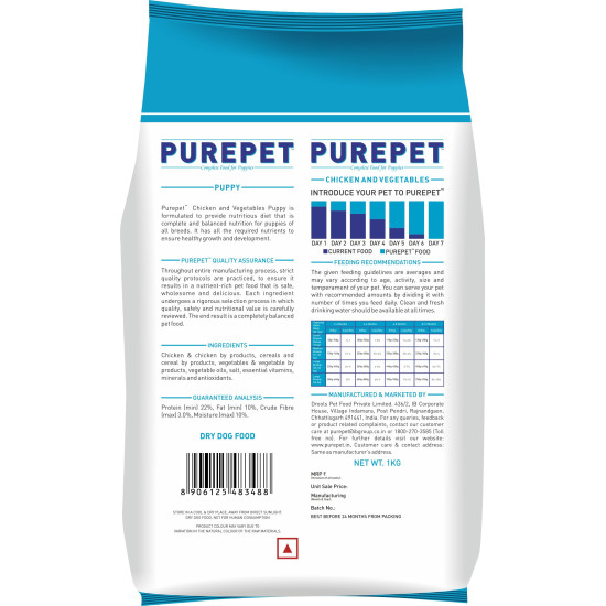 Purepet Puppy Dry Dog Food 1kg | Chicken & Vegetable Flavour | Hairball Protection | Heart Care with Taurine | Skin Health