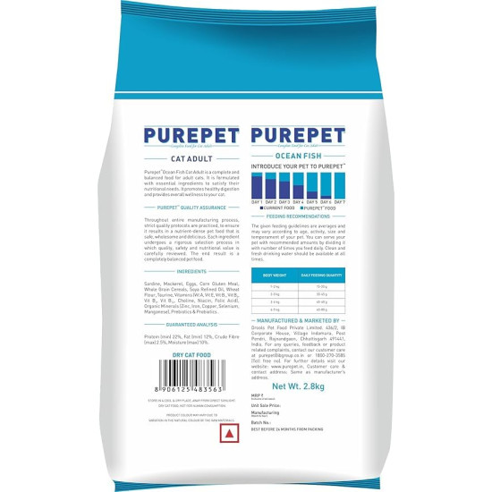 Purepet Adult Dry Cat Food 2.8kg | Ocean Fish Flavour | Taurine for Healthy Heart | Healthy Skin & Coat | Control Urinary pH | Hairball Protection | Prebiotic & Probiotic