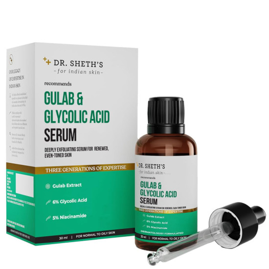 Dr. Sheth's Gulab & 6% Glycolic Acid & 5% Niacinamide Instant Brightening Face Serum | Improves Skin Texture & Uneven Skin | Normal to Oily Skin | Sensitive Skin | 30ml