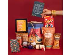 Yaadon Ka Dabba – 10-Item Rakhi Gift Hamper – Evil Eye Rakhi, Chocolate Coated Almonds, Hazelnut Dry-Fruit Laddoos, Uno & More | Rakhi with Chocolates & Sweets for Brother – Rakhi Gift Combo Set