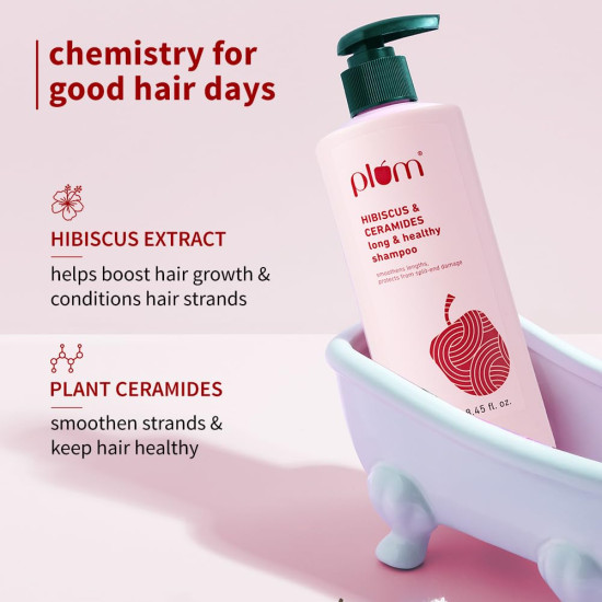 Plum Hibiscus & Ceramides Long & Healthy Shampoo | Hydrates & Conditions Hair, Prevents Split Ends |Contains Hibiscus Extracts, Ceramides |100% Vegan | 250ml