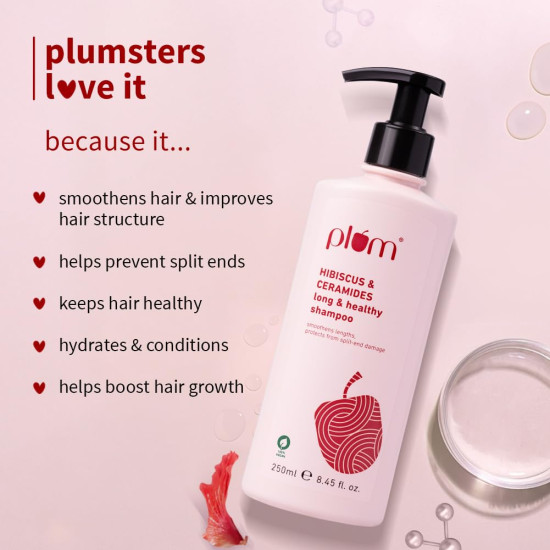 Plum Hibiscus & Ceramides Long & Healthy Shampoo | Hydrates & Conditions Hair, Prevents Split Ends |Contains Hibiscus Extracts, Ceramides |100% Vegan | 250ml