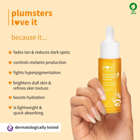 Plum 2% Alpha Arbutin & Hyaluronic Acid Face Serum | Fades Tan | Brightens Skin | Controls Melanin Production | with Yuzu Lemon & Licorice | Fragrance-Free | 100% Vegan | 30 ml