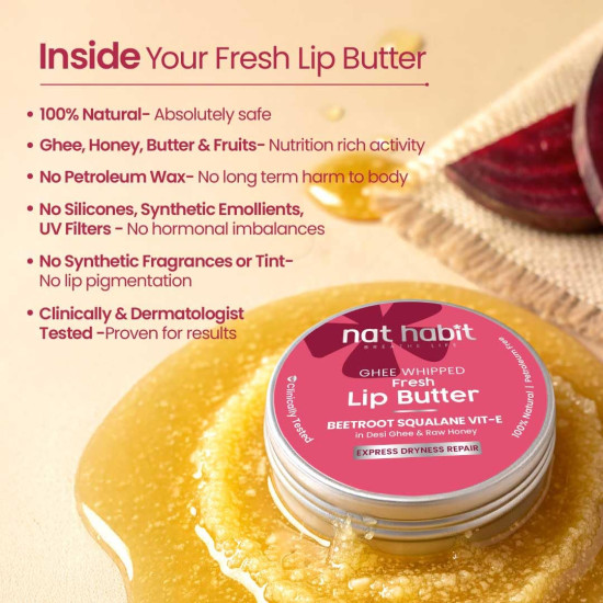 Nat Habit Lip Balm Fresh Beetroot Squalane 8gm Lip Butter With Desi Ghee & Raw Honey For Natural Pink Lips, Nourishment, Dark And Chapped Lips - (8g Pack of 1) Nat Habit Lip Balm Fresh Beetroot Squalane 8gm Lip Butter With Desi Ghee & Raw Honey For Natural Pink Lips, Nourishment, Dark And Chapped Lips - (8g Pack of 1)