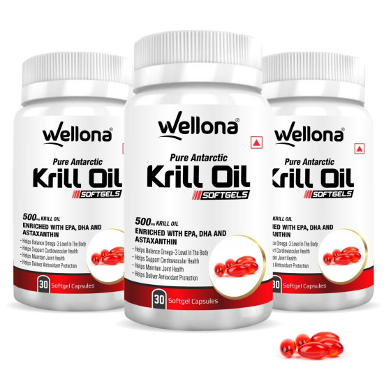 Wellona Pure Antarctic Krill Oil 500 mg | 100% Krill Oil Omega 3 Capsule, EPA & DHA with Marine Phospholipids & 2% Astaxanthin for Healthy Heart | 30 Softgels (Pack of 3)