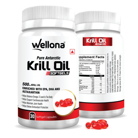 Wellona Pure Antarctic Krill Oil 500 mg | 100% Krill Oil Omega 3 Capsule, EPA & DHA with Marine Phospholipids & 2% Astaxanthin for Healthy Heart | 30 Softgels (Pack of 3)