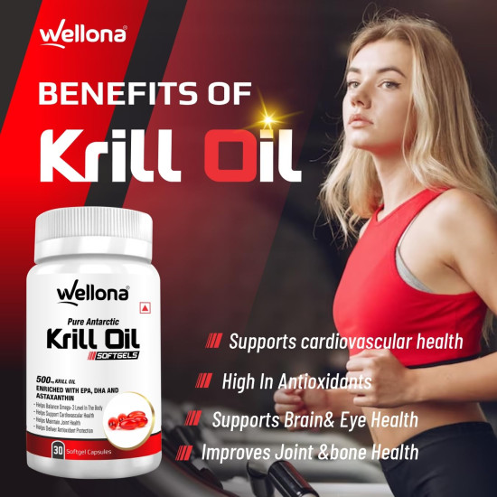 Wellona Pure Antarctic Krill Oil 500 mg | 100% Krill Oil Omega 3 Capsule, EPA & DHA with Marine Phospholipids & 2% Astaxanthin for Healthy Heart | 30 Softgels (Pack of 3)