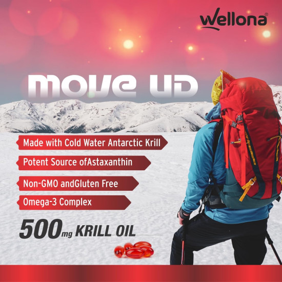 Wellona Pure Antarctic Krill Oil 500 mg | 100% Krill Oil Omega 3 Capsule, EPA & DHA with Marine Phospholipids & 2% Astaxanthin for Healthy Heart | 30 Softgels (Pack of 3)