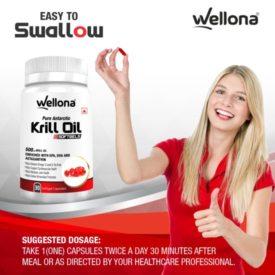 Wellona Pure Antarctic Krill Oil 500 mg | 100% Krill Oil Omega 3 Capsule, EPA & DHA with Marine Phospholipids & 2% Astaxanthin for Healthy Heart | 30 Softgels (Pack of 3)