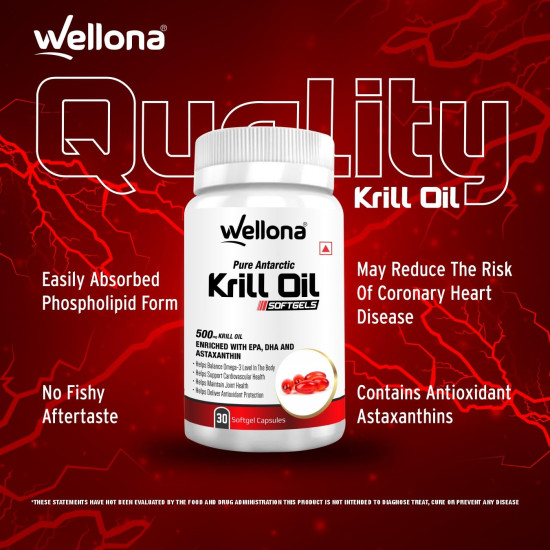 Wellona Pure Antarctic Krill Oil 500 mg | 100% Krill Oil Omega 3 Capsule, EPA & DHA with Marine Phospholipids & 2% Astaxanthin for Healthy Heart | 30 Softgels (Pack of 3)
