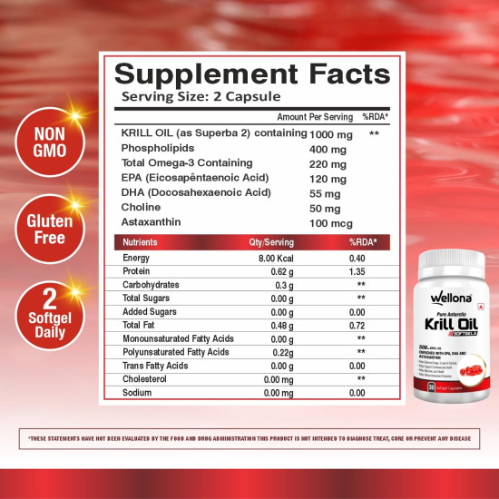 Wellona Pure Antarctic Krill Oil 500 mg | 100% Krill Oil Omega 3 Capsule, EPA & DHA with Marine Phospholipids & 2% Astaxanthin for Healthy Heart | 30 Softgels (Pack of 3)