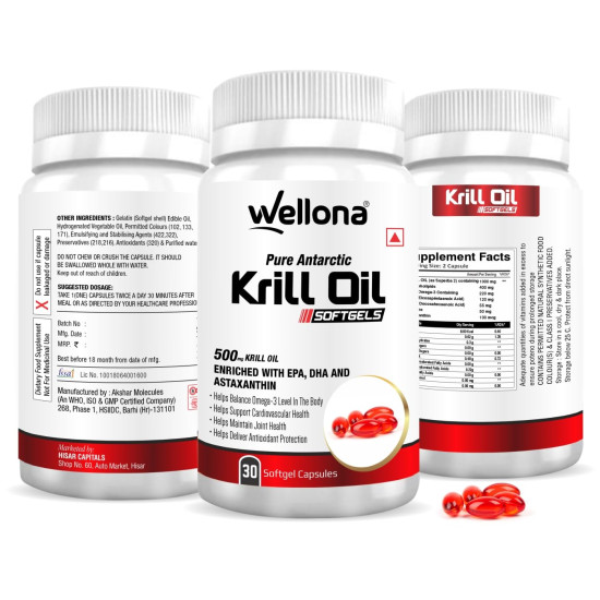 Wellona Pure Antarctic Krill Oil 500 mg | 100% Krill Oil Omega 3 Capsule, EPA & DHA with Marine Phospholipids & 2% Astaxanthin for Healthy Heart | 30 Softgels (Pack of 3)