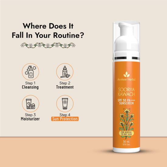 AVIMEE HERBAL Soorya Kawach Sunscreen With De-Tan Extract - 50 ml | Spf 50 PA++++ For Broad Spectrum UVA, UVB & Blue Light Protection | For All Skin Types | Light Weight & Non-Greasy | For Men & Women