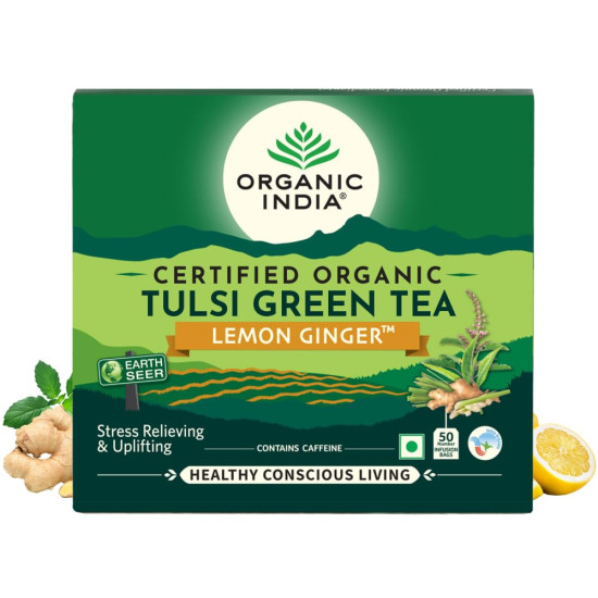ORGANIC INDIA Tulsi Green Tea Lemon Ginger 50 Teabags