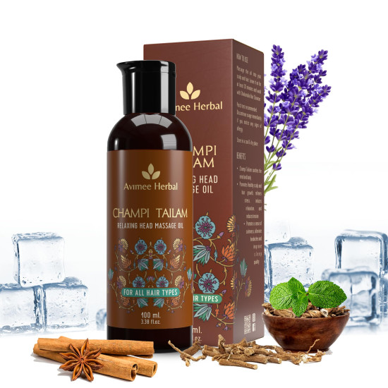 Avimee Herbal Champi Tailam | Herbal Cool Oil | Relieves Headache, Fatigue, Sleeplessness and Tension | Mineral Oil Free | 100 ml