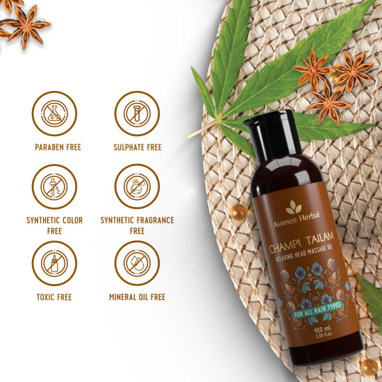Avimee Herbal Champi Tailam | Herbal Cool Oil | Relieves Headache, Fatigue, Sleeplessness and Tension | Mineral Oil Free | 100 ml