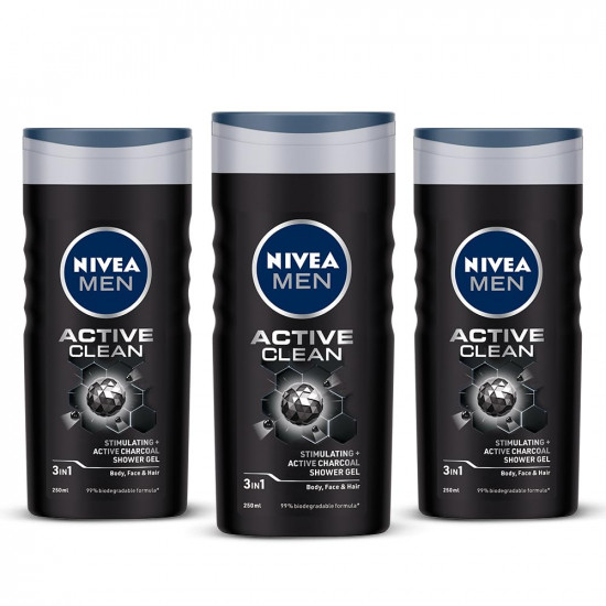 Nivea Active Clean Body Wash with Active Charcoal, Shower Gel For Body, Face & Hair, 250ml (Pack of 3)