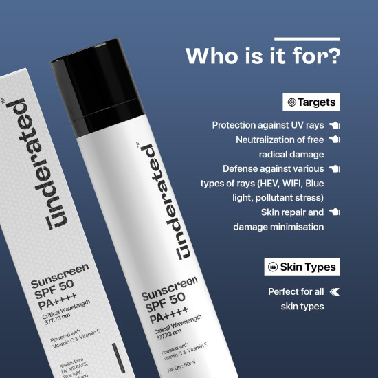 Underated Sunscreen SPF 50 PA++++ Powered With Vitamin C & Vitamin E For Broad Spectrum UV A, UV B & Blue Light Protection | No White Cast, Silicone Free, Non-Greasy Formula, Non-Comedogenic For All Skin Types | 50g