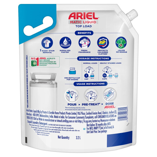 Ariel Liquid Detergent Top Load - 3.2L | Removes 7 day dried-in Stains in 1 wash inside Washing Machine | Now at Price of Powders | Amazing Fragrance | Protects Colours | Dissolves Faster