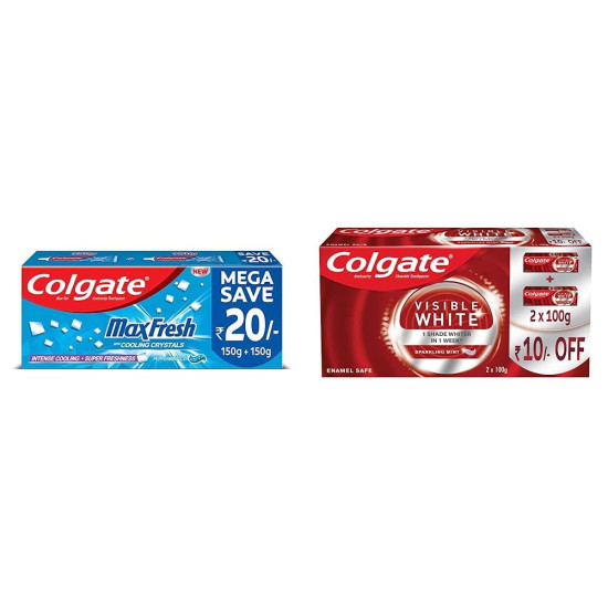 Colgate MaxFresh Toothpaste Blue Gel Paste with Menthol for Super Fresh Breath 300g & Colgate Visible White Teeth Whitening Toothpaste, Protects Enamel, Removes Stain, With Whitening Accelerators 200g