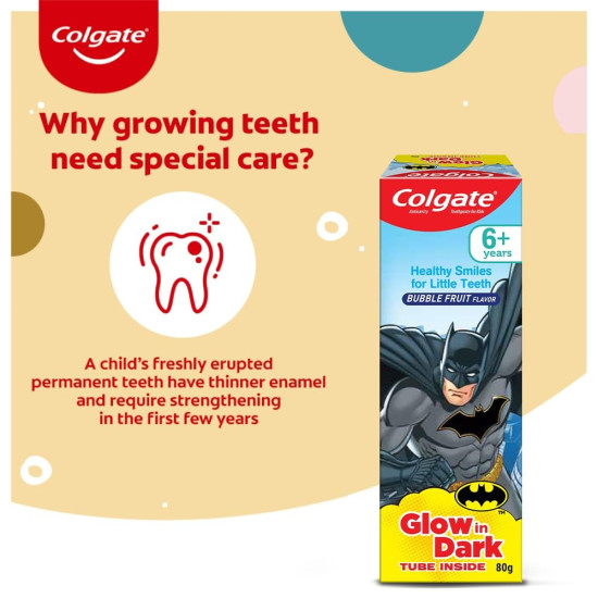 Colgate Kids Toothpaste, Gentle Protection for 6+ Years, Batman, Bubble Fruit Flavour, 80g & Colgate Kids Batman Toothbrush 5+ years, Extra Soft with Tongue Cleaner - 1 Pc