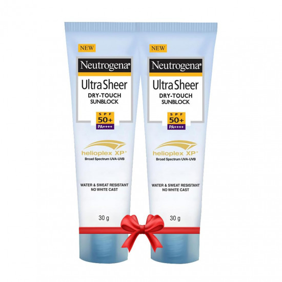 Neutrogena Ultra Sheer Sunscreen SPF 50+ | Broad Spectrum UVA/UVB PA++++ | No White Cast | Water resistant, Ultra light & Non sticky | For Oily, Dry & Sensitive Skin | For Men & Women | 60g ( 30 gm - Pack of 2)