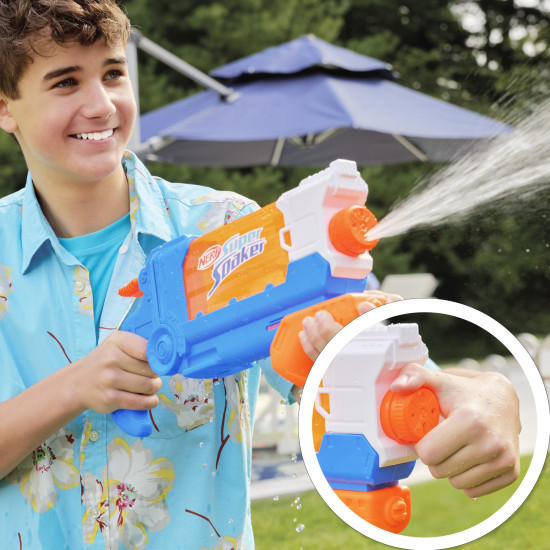 Nerf Super Soaker Flip Fill Water Blaster - 4 Spray Styles - Fast Fill - Large 890ml Water Tank - Pichkari for Outdoor Water Games, Branded Toy Pichkari for Holi Festival, for Kids 6+