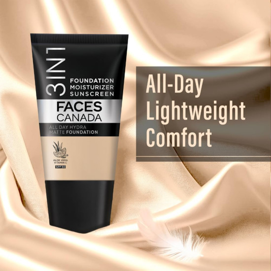 FACESCANADA Cream All Day Hydra Matte Foundation - Mini|3in1 Foundation + Moisturizer + SPF 30|24 HR Aloe Hydration & Vitamin C| 10HR Wear | Medium to High Buildable Coverage | Medium Natural (18 ml)