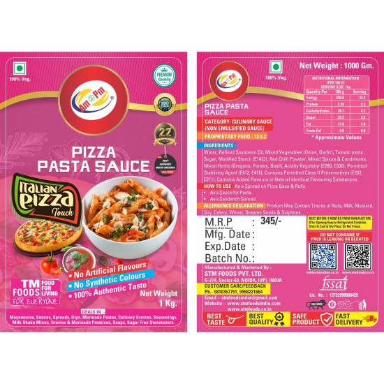 Am 2 Pm - Pizza Pasta Sauce & Dip | 100% Authentic Taste| No Artificial Colours & Flavours | No MSG | No Trans Fat | All Natural Ingredients | Contains natural Protein, Minerals, Fiber | Mouth-watering Italian Taste - 1Kg