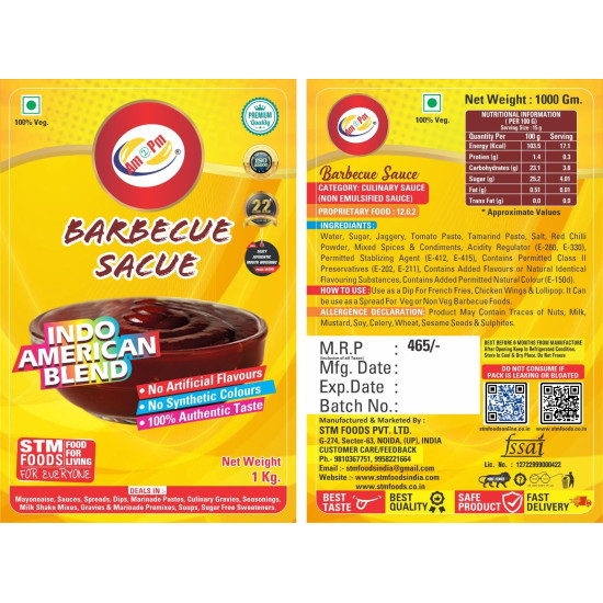 Am 2 Pm - Barbecue Sauce Dip For French Fries, Chicken Wings & Lollipop and Spread For Veg Or Non Veg - 1Kg