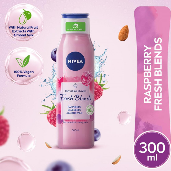 Nivea Fresh Blends Raspberry with Natural Fruit Extracts, Vegan Body wash, Fruity Shower Gel for Women with Blueberry and Almond Milk, 300ml