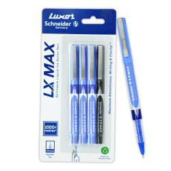 Luxor Schneider LX MAX roller ball pen, Pack of 4, 3 Blue+1 Black, Needle Tip, 0.5mm, 100% German Technology, 1000+ mtrs writing length, Waterproof Ink, Ideal for Students & Professionals
